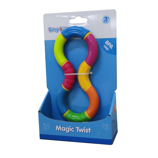 A colorful Tanny Toys Magic Twist infant toy with interlocking, movable segments that bend and rotate, ideal for teething and fine motor skill development.