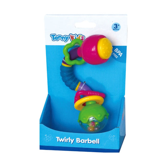 Multicolor Tanny Toys Twirly Barbell with textured teething rings and a flexible center that twists in any direction, suitable for infants 3 months and up.
