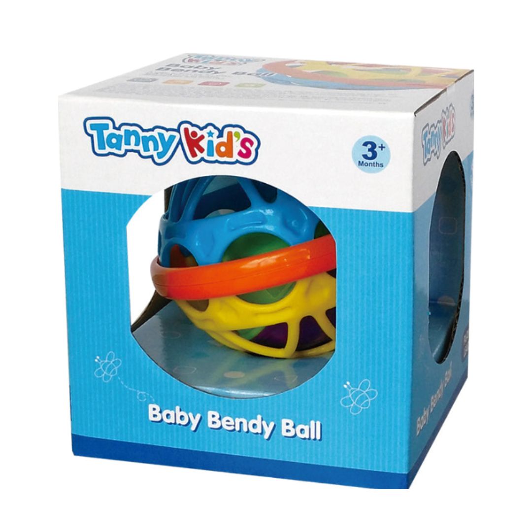 Multicolor Tanny Toys Baby Bendy Ball with a soft, flexible cage design and internal rattle, perfect for infant grasping and sensory play.