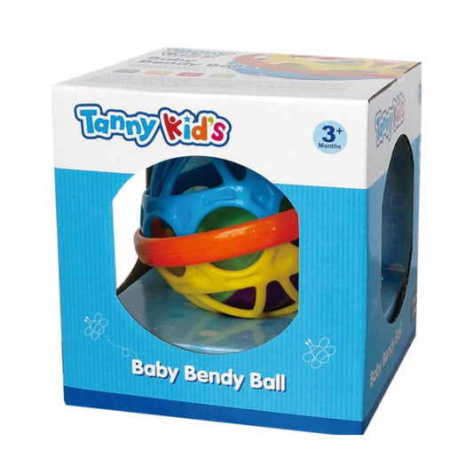 Multicolor Tanny Toys Baby Bendy Ball with a soft, flexible cage design and internal rattle, perfect for infant grasping and sensory play.