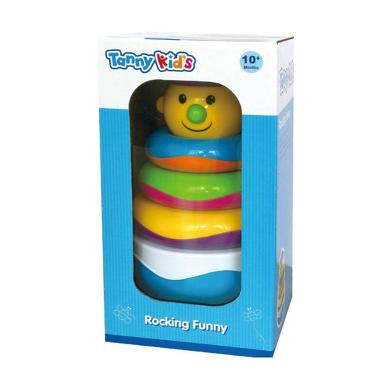Tanny Toys Rocking Funny Stack featuring a vibrant tower of multicolor stacking rings on a wobbly, rocking base with rattle sound features for infants.