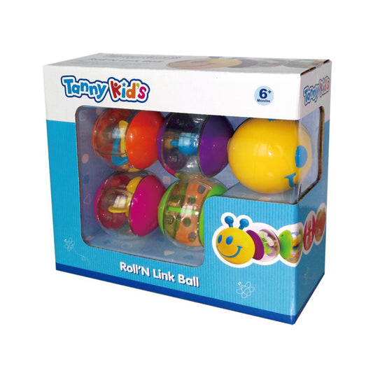 Tanny Kids Roll’n Link Ball set with five colorful interlocking sensory balls for babies 6 months and up