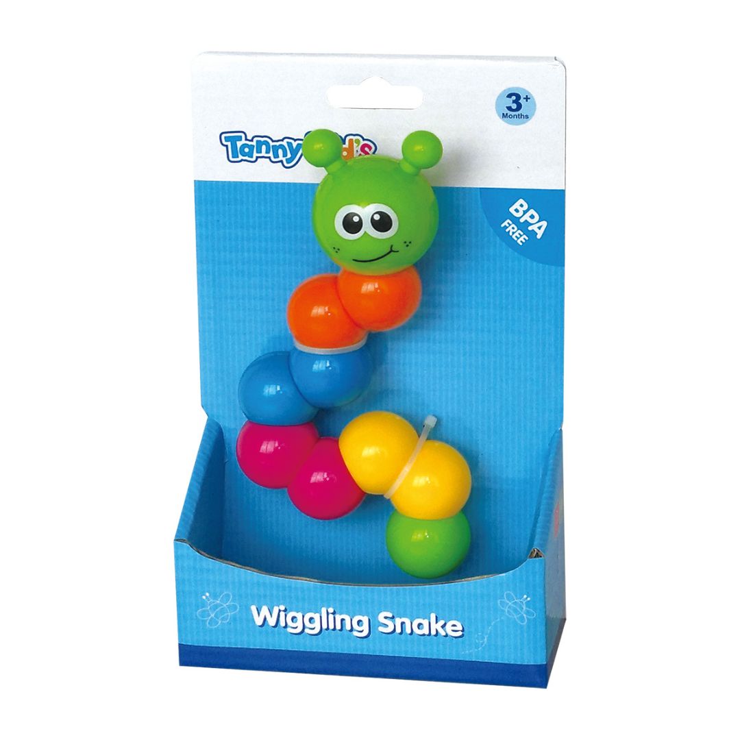 Multicolor Tanny Toys Wiggling Snake toy with segmented body sections being twisted into different shapes for sensory play.