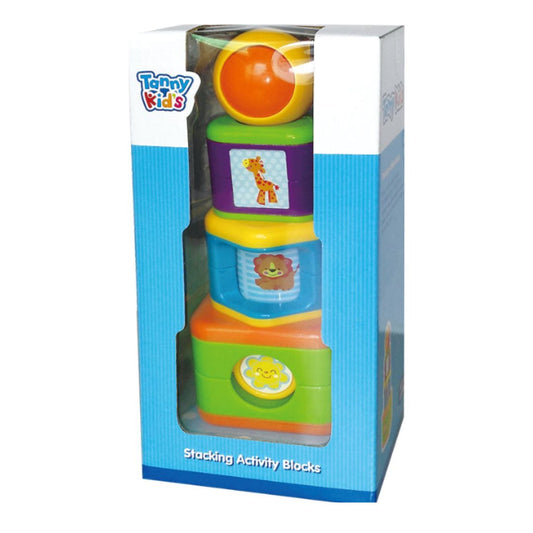 Multicolor Tanny Stacking Activity Blocks for babies featuring squeaky, rattling, and clicking shapes stacked in a tower.