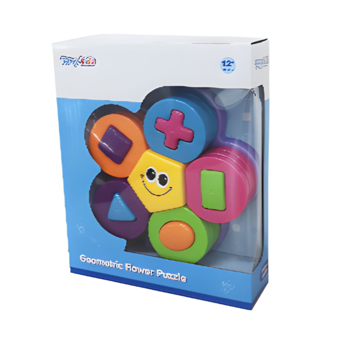 Geometric Flower Puzzle by Tanny Toys, featuring a multicolor floral-shaped sorting base and geometric pieces for educational toddler play.