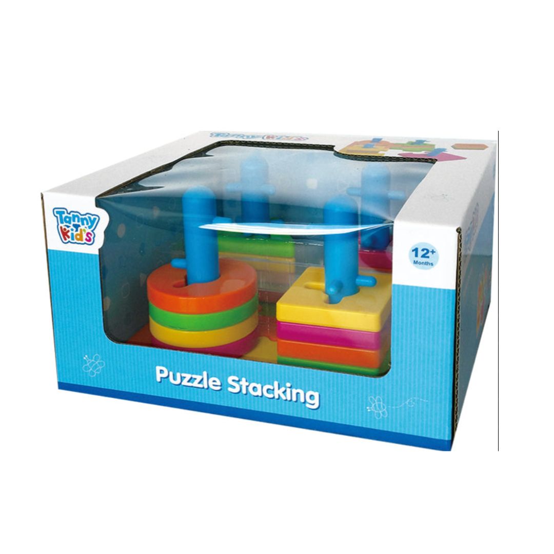 Puzzle Stacking educational game by Tanny Toys, featuring multicolor stacking pieces and challenge levels in its retail packaging.