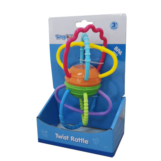Twist Rattle multicolor sensory toy by Tanny Toys, featuring a textured teething surface and flexible twisting body for infant development.