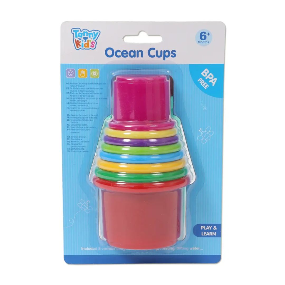 Ocean Cups sand toy set by Tanny Toys, featuring stackable multicolor cups with ocean patterns for beach and water play.