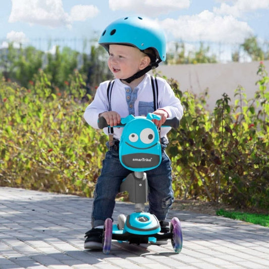 smarTrike T1 blue 3-stage toddler scooter with adjustable seat and T-lock system for outdoor play