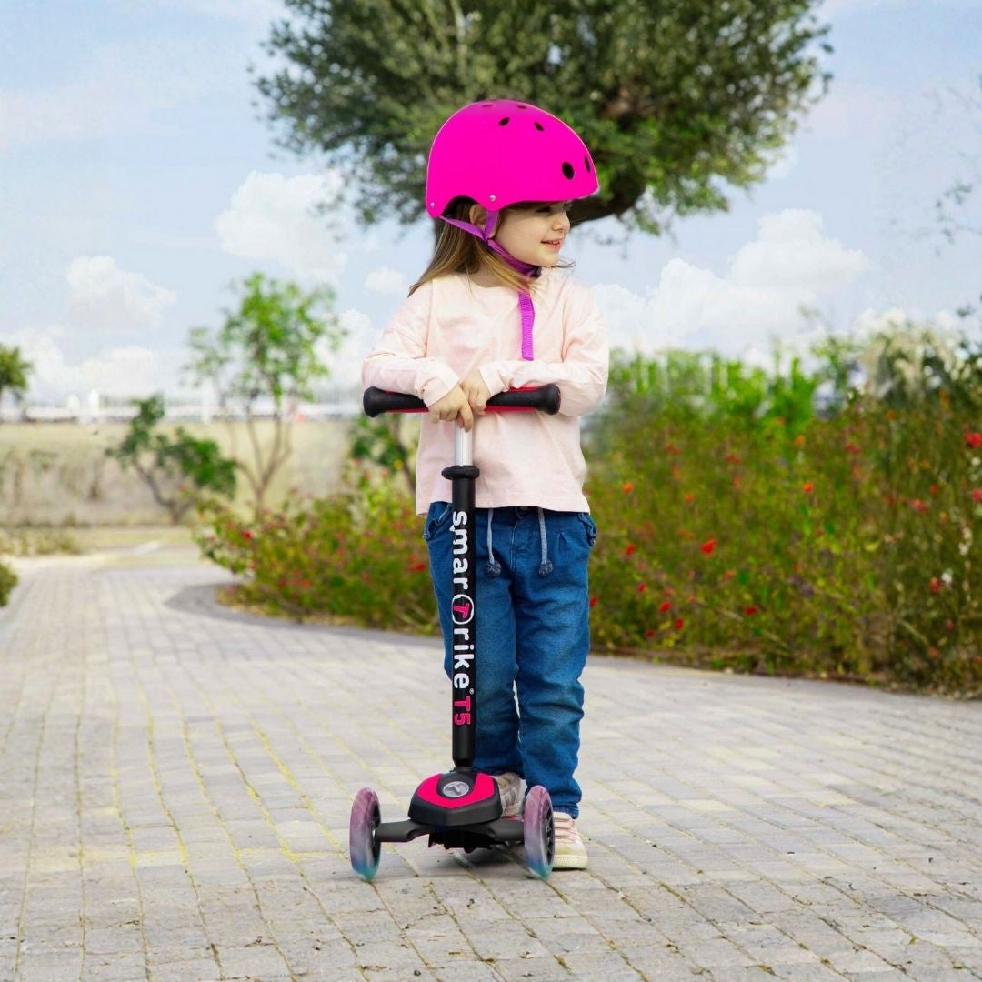 SmarTrike T5 pink 3-wheel kick scooter for girls with adjustable handlebar and LED light-up wheels