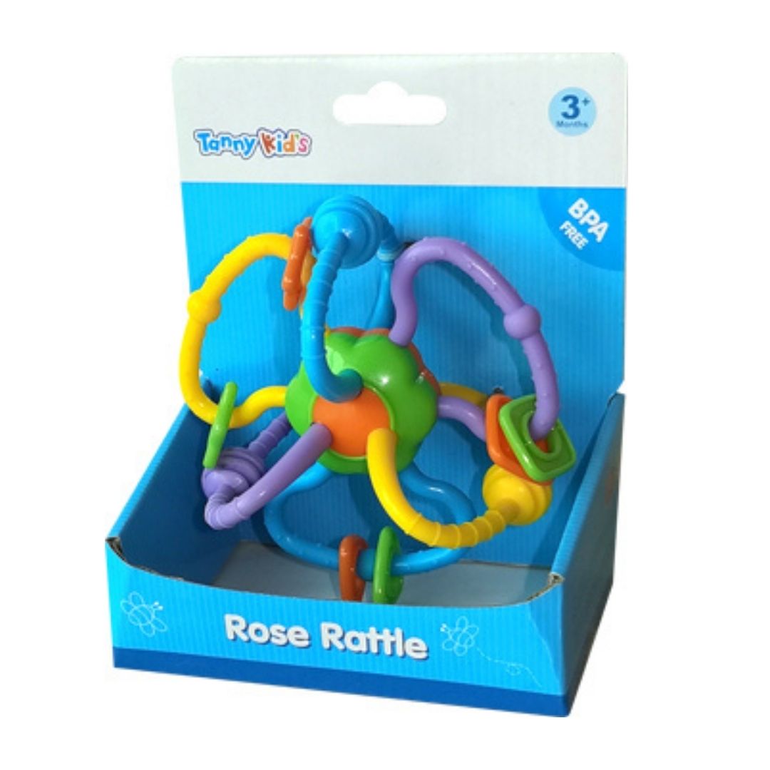 Tanny Toys Rose Rattle in a vibrant multicolor design, featuring a smooth ergonomic grip, soft-textured flower petals, and internal rattling beads for auditory stimulation.