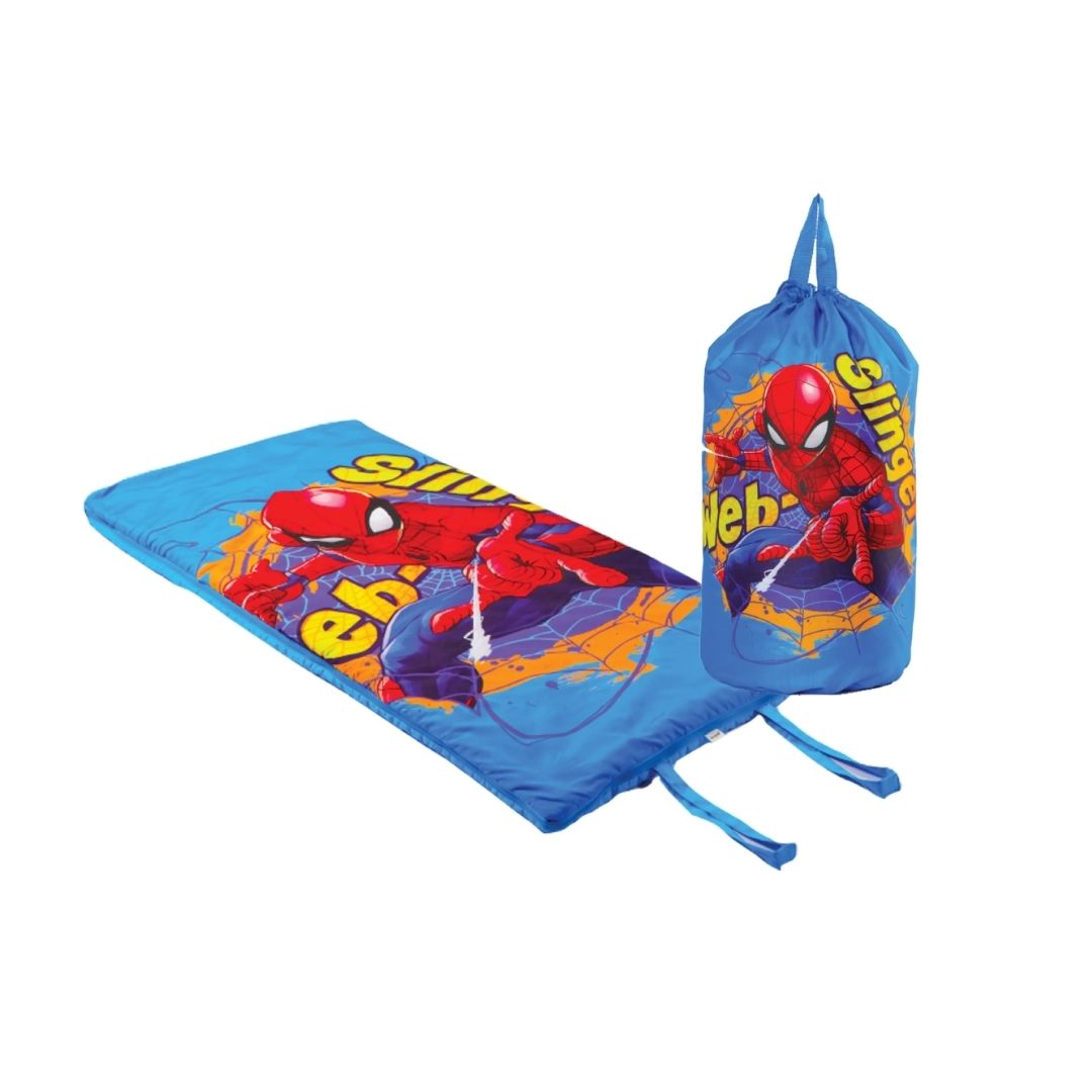 High-quality Spiderman kids sleeping bag in a vibrant multicolor red and blue design, featuring large Marvel Spiderman graphics, a smooth-glide side zipper, and a soft-touch polyester finish.