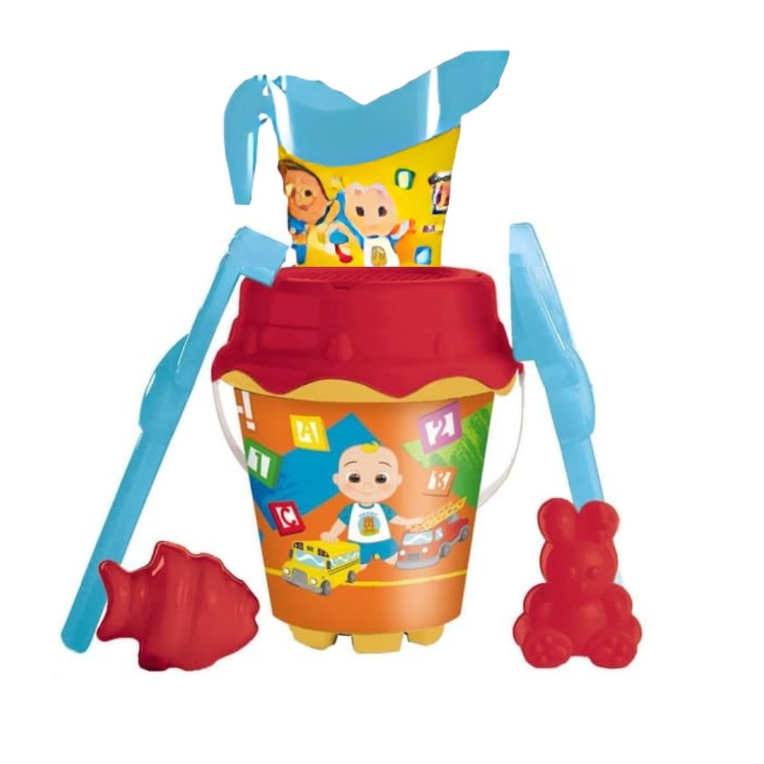 Vibrant multicolor CoComelon-themed beach bucket by Unice, featuring JJ and popular characters, including a matching sifter lid, shovel, rake, and sand mold accessories.