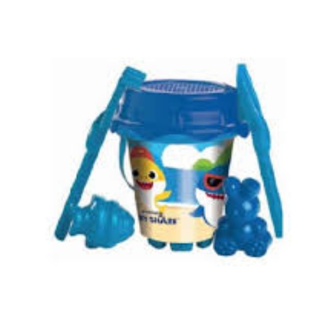 Vibrant multicolor Baby Shark themed beach bucket by Unice, featuring high-quality Baby Shark, Mommy Shark, and Daddy Shark graphics, including four essential sand tools like a shovel and rake for creative play.