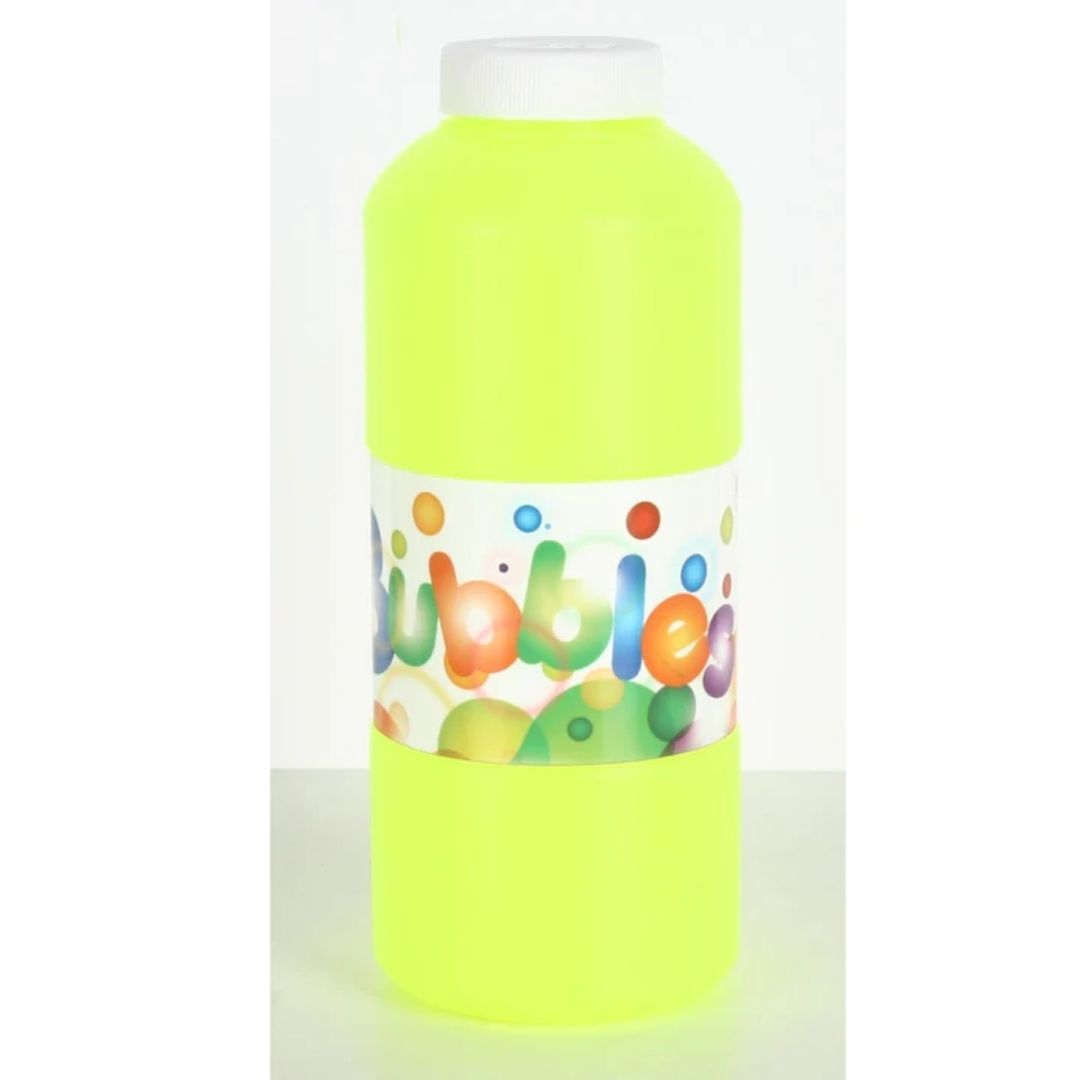 Bubble Bottle featuring a bright blue solution container with a yellow cap and a red "manual" wand producing a cluster of clear, shimmering bubbles.