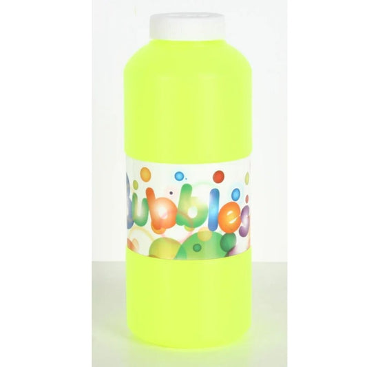 Bubble Bottle featuring a bright blue solution container with a yellow cap and a red "manual" wand producing a cluster of clear, shimmering bubbles.