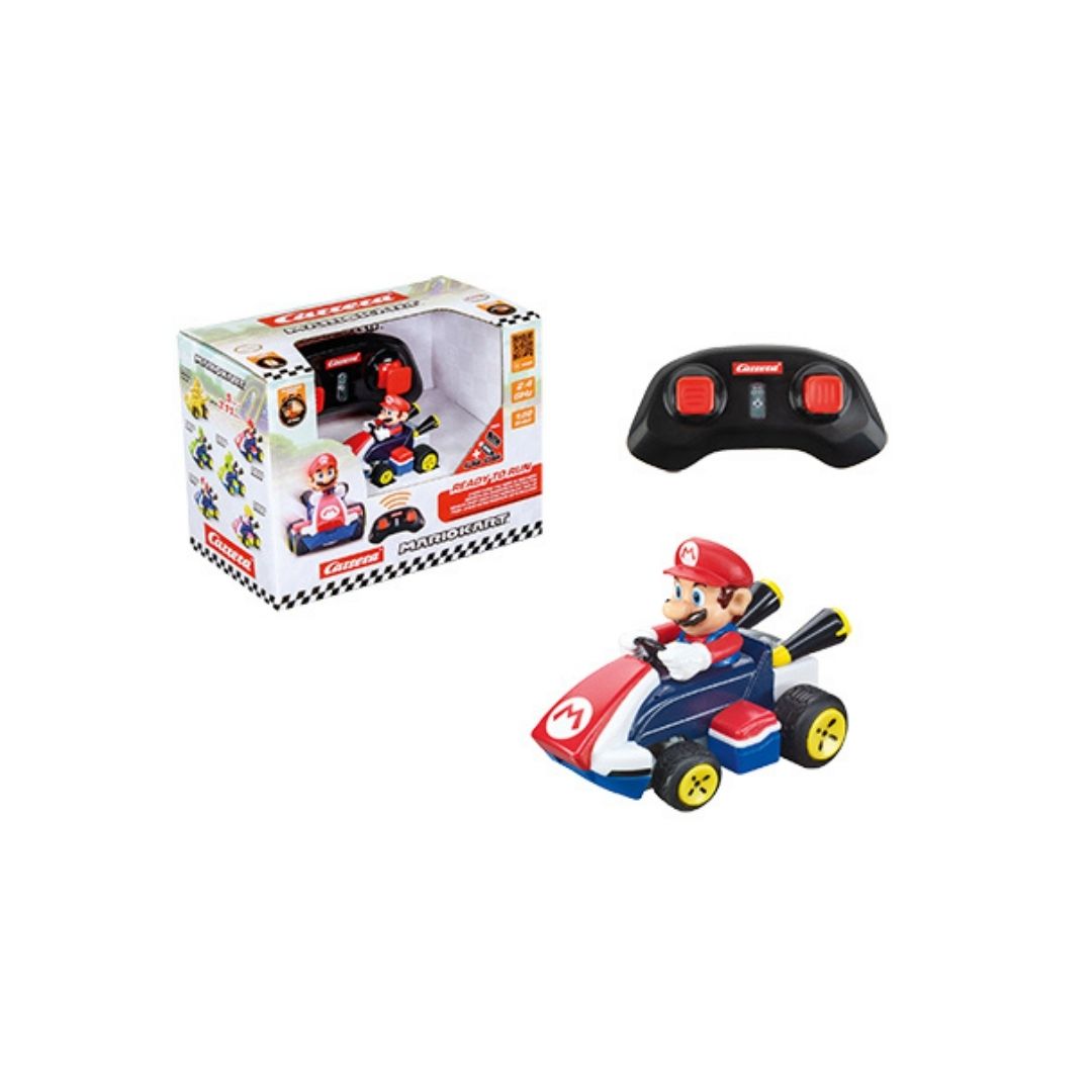 Mario Kart mini RC car by Carrera, featuring a detailed 1:50 scale Mario in his signature red racing kart with 2.4 GHz remote control.