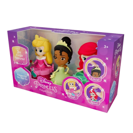Disney Princess figure set featuring Ariel, Tiana, and Aurora mini-dolls with a pink star-shaped keychain clip in a multicolor window gift box.