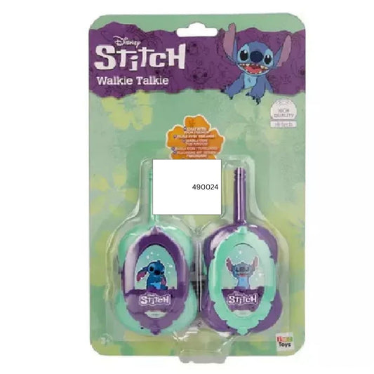 Two Disney Stitch themed walkie talkies by IMC Toys featuring Stitch's iconic blue ears, a push-to-talk button, and a durable antenna for long-range communication.