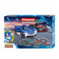 Carrera GO!!! Sonic the Hedgehog slot car set featuring Sonic and Shadow in 1:43 scale racing cars on a 4.9-meter track with a loop-the-loop and high-speed straights.