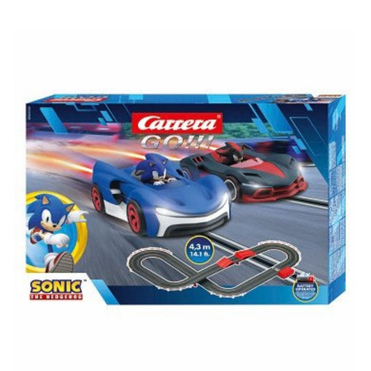 Carrera GO!!! Sonic the Hedgehog slot car set featuring Sonic and Shadow in 1:43 scale racing cars on a 4.9-meter track with a loop-the-loop and high-speed straights.