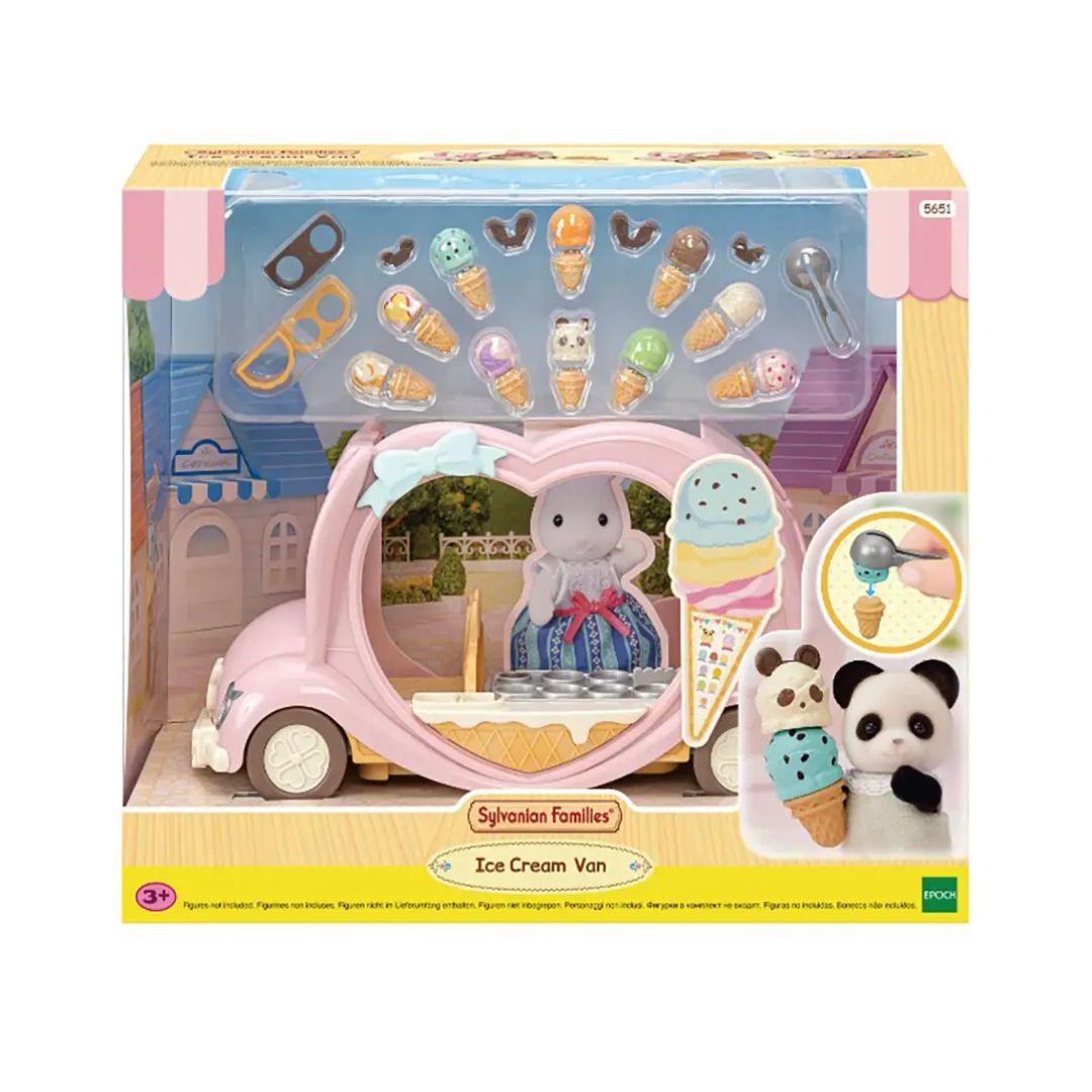 Sylvanian Families pastel pink ice cream van toy truck with animal-ear shaped toppings ice cream cones and turning display counter