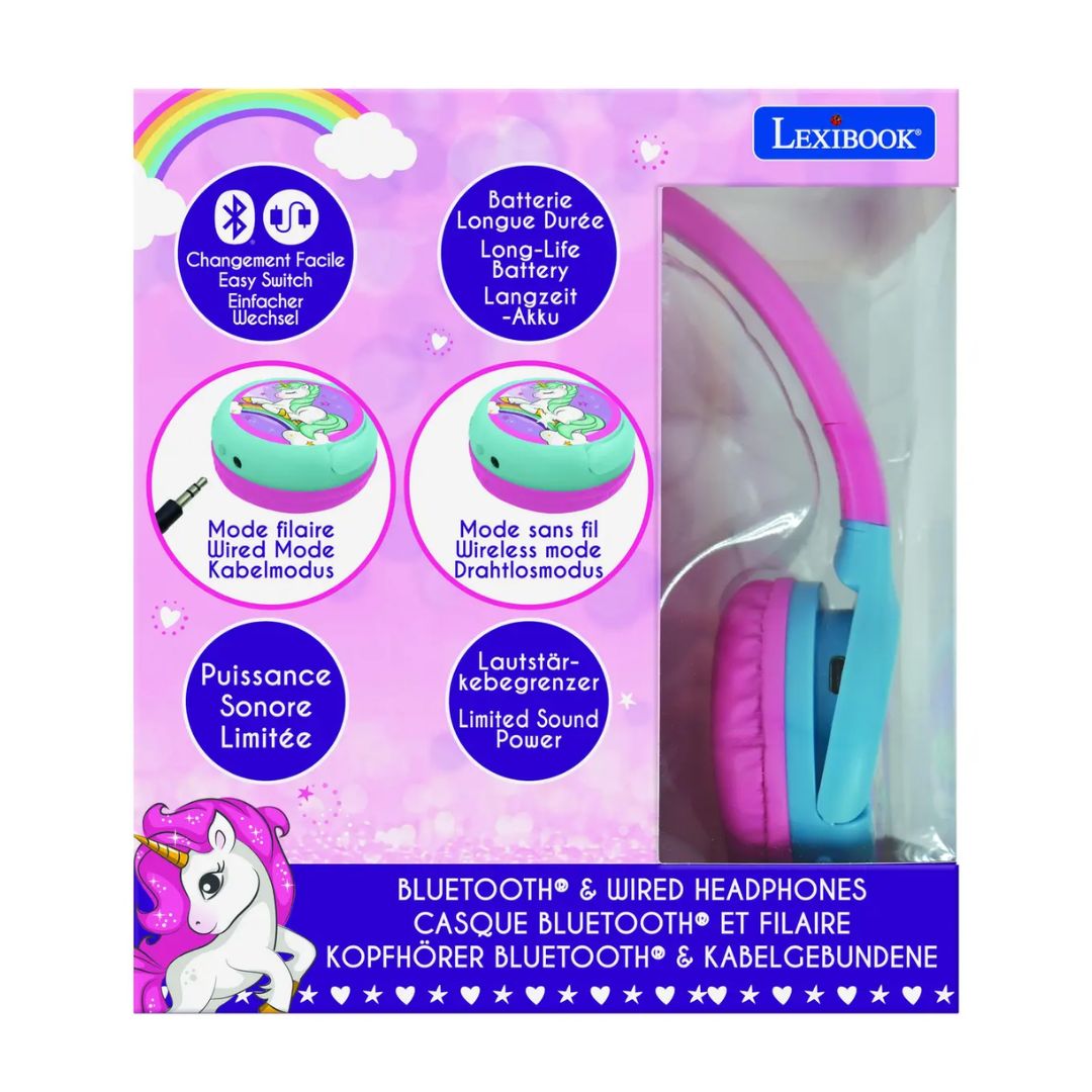 LEXIBOOK UNICORN 2 IN 1 BLUETOOTH® AND WIRED COMFORT FOLDABLE HEADPHONE, Ages 4+
