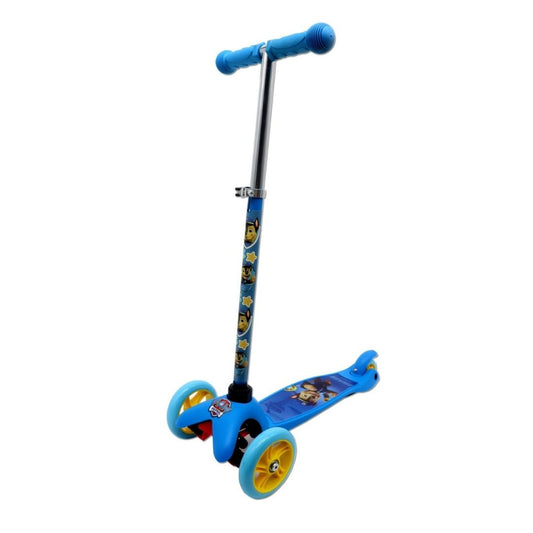 Official Paw Patrol Chase kick scooter in a vibrant multicolor blue and yellow design, featuring a wide non-slip deck with Chase graphics, stable 3-wheel configuration, and comfortable easy-grip handles.
