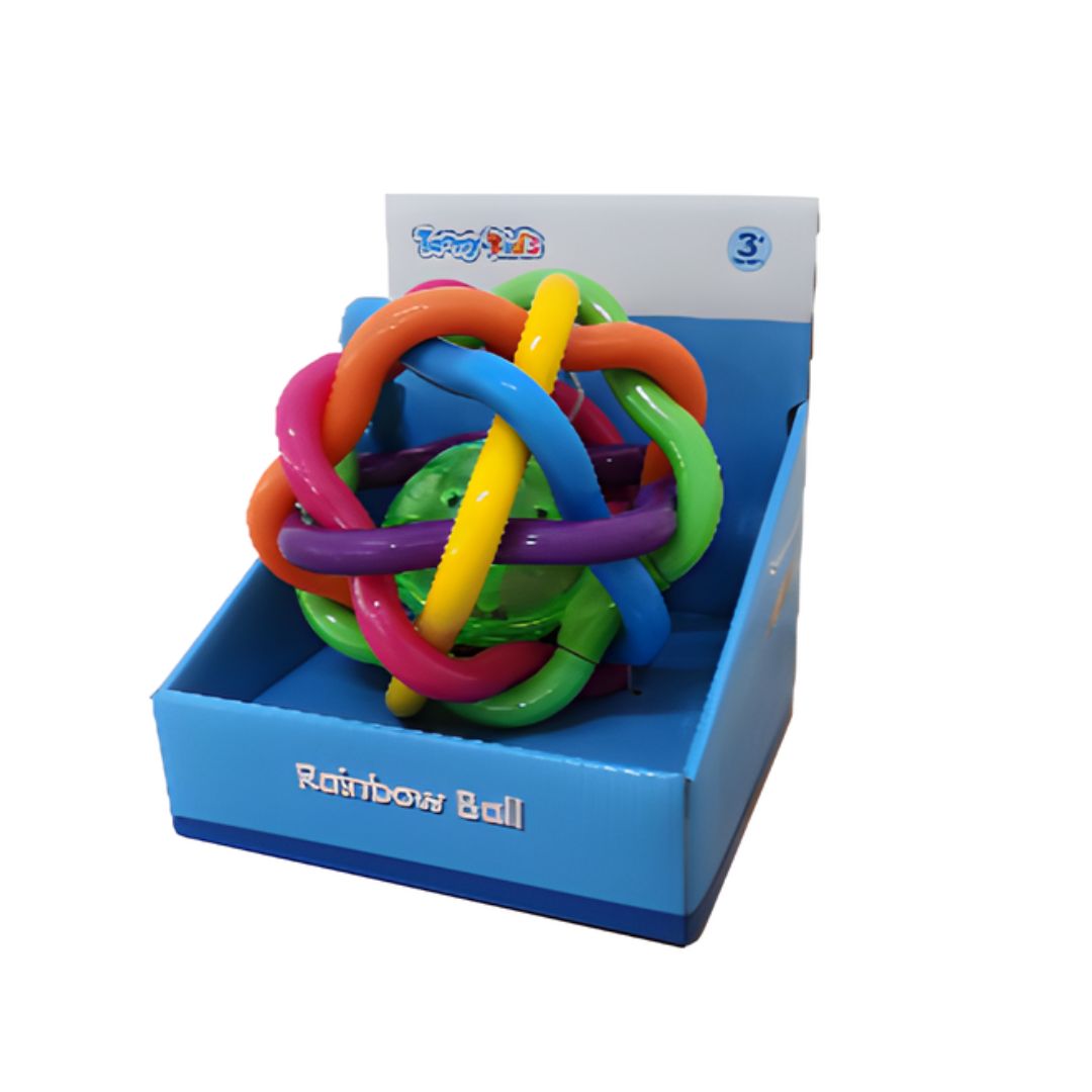 Tanny Toys Rainbow Ball featuring a soft, bendy multicolor outer shell with a tinkling rattle inside, designed for infant teething and motor skill development.