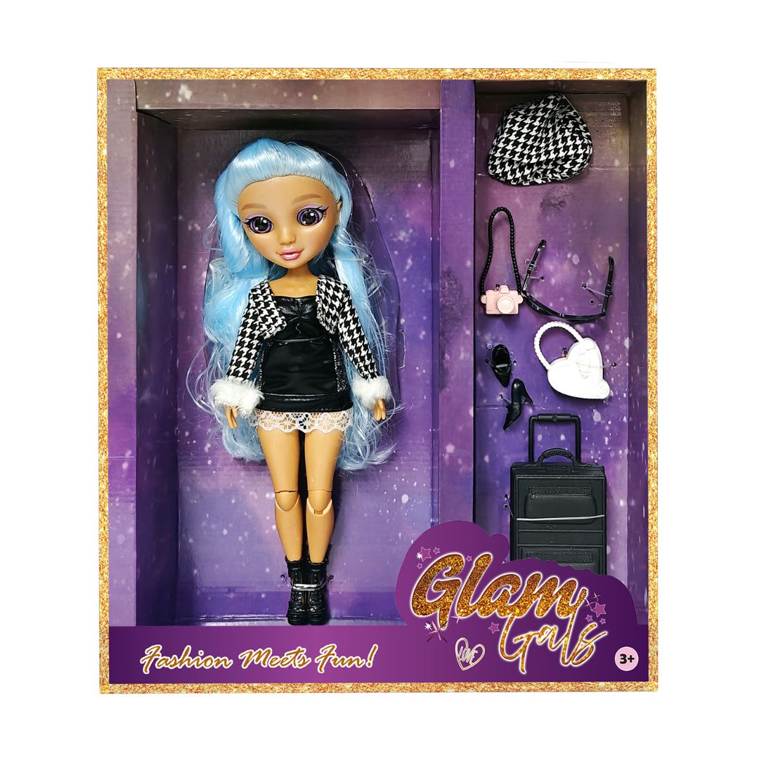 Kaiwell Glam Girlz 9 inch fashion doll with stylish purple outfit and glasses for kids pretend play