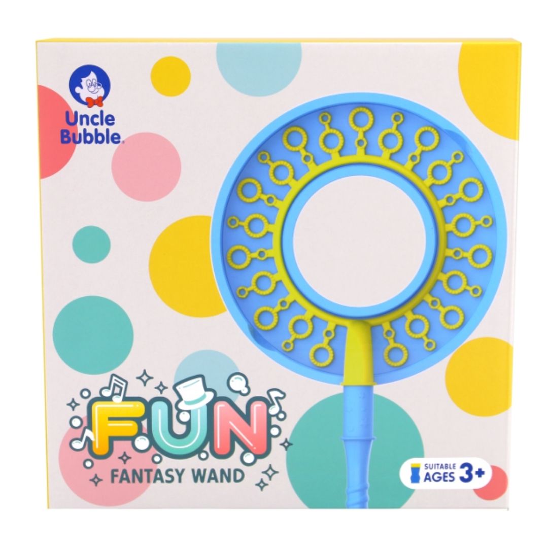 Vibrant multicolor Fun Fantasy Wand by Uncle Bubbles, featuring a specialized multi-ring design for creating giant bubble streams, complete with an ergonomic easy-grip handle.