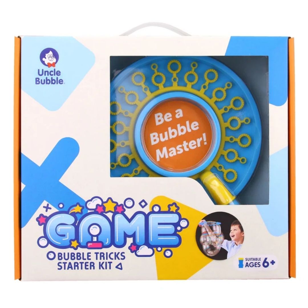 Uncle Bubbles Game Bubble Tricks Starter Kit in a vibrant multicolor box, featuring specialized bubble gloves, a high-performance bubble wand, and a bottle of long-lasting trick bubble solution.