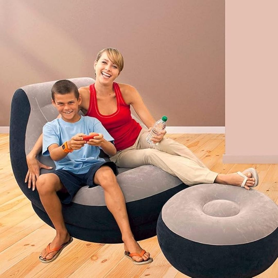 Intex Ultra Lounge inflatable chair and ottoman set with cup holder for indoor home relaxation