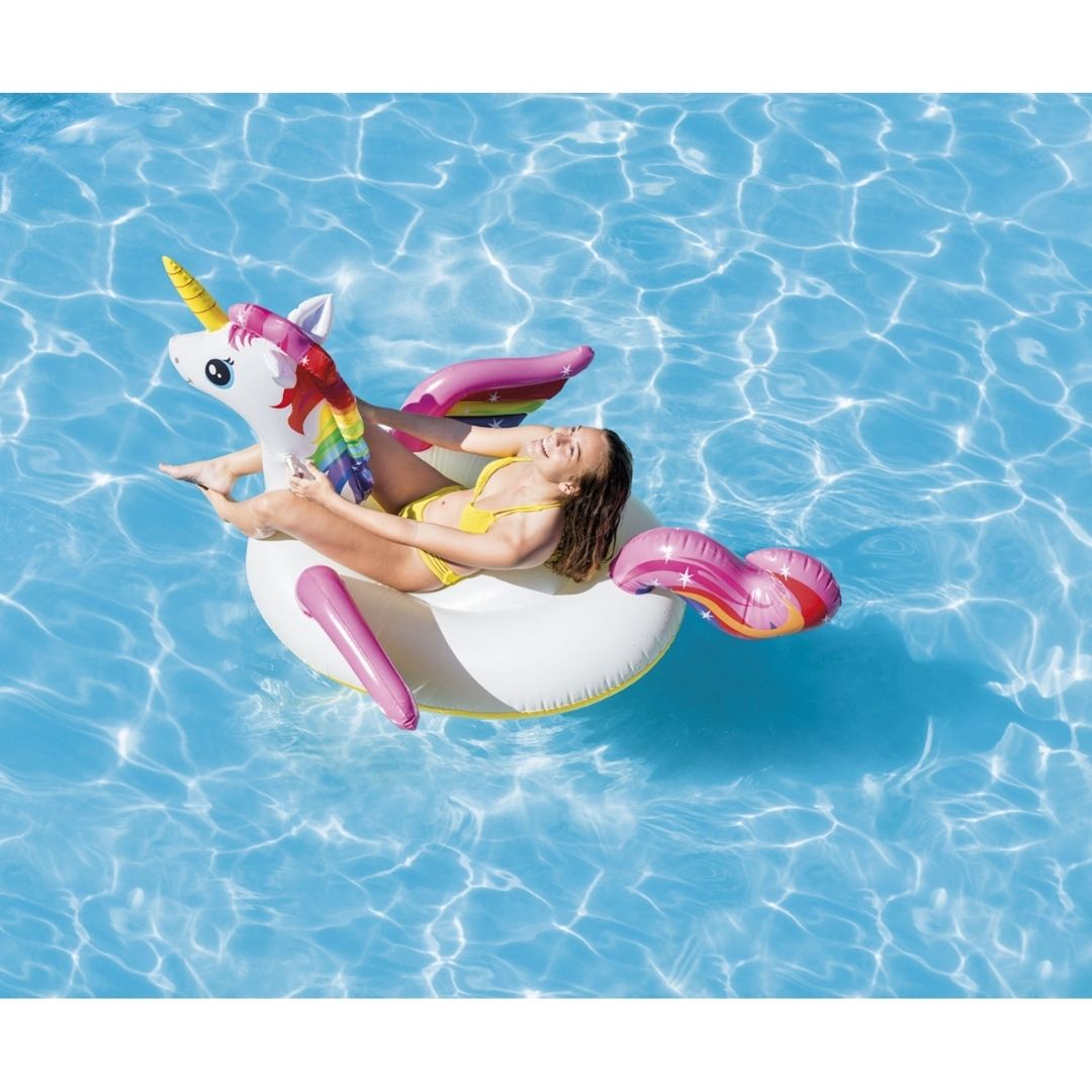 Intex inflatable unicorn ride-on pool float with gold horn and rainbow mane for kids