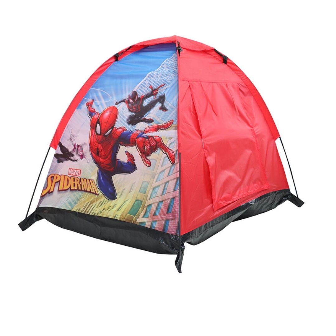 Large Spiderman kids play tent in a vibrant multicolor red and blue design, featuring high-definition graphics of Spiderman in action, a rectangular floor plan, and ventilated mesh windows for airflow.
