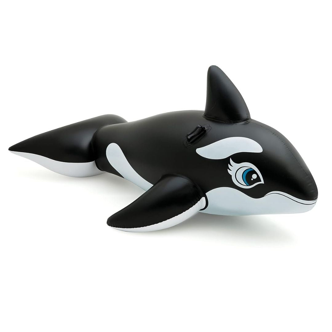Intex Whale Ride-On blue inflatable pool float with heavy duty handles for kids outdoor water play