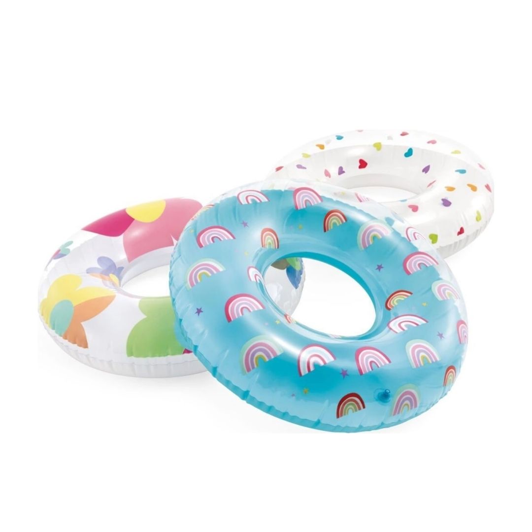 Intex Whimsical Magic Tubes inflatable 31 inch swim ring with rainbow heart and flower patterns for pool play