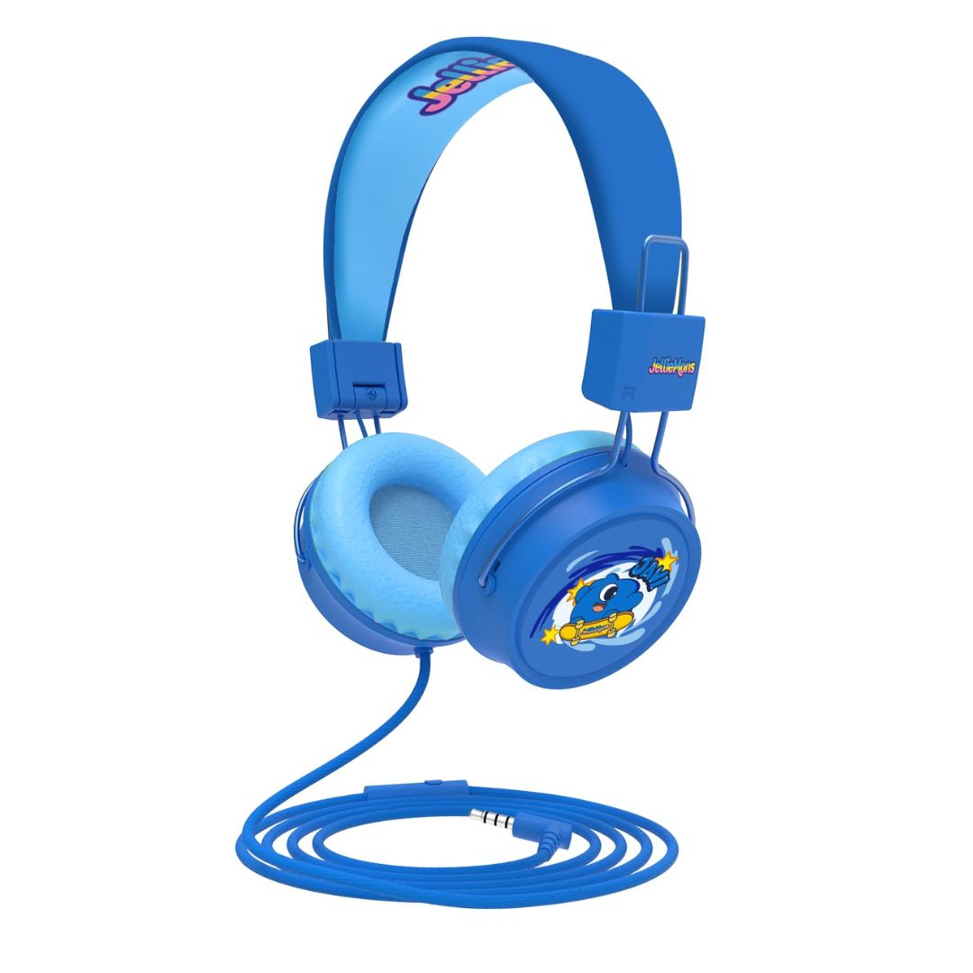 Jelliemons Booma Beats blue over-ear kids wired headphones with safe volume limiter and 3.5mm audio cable