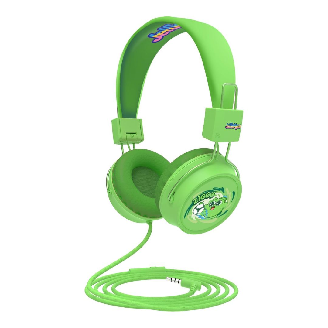 Jelliemons Booma Beats green over-ear kids wired headphones with safe volume limiter and 3.5mm audio cable