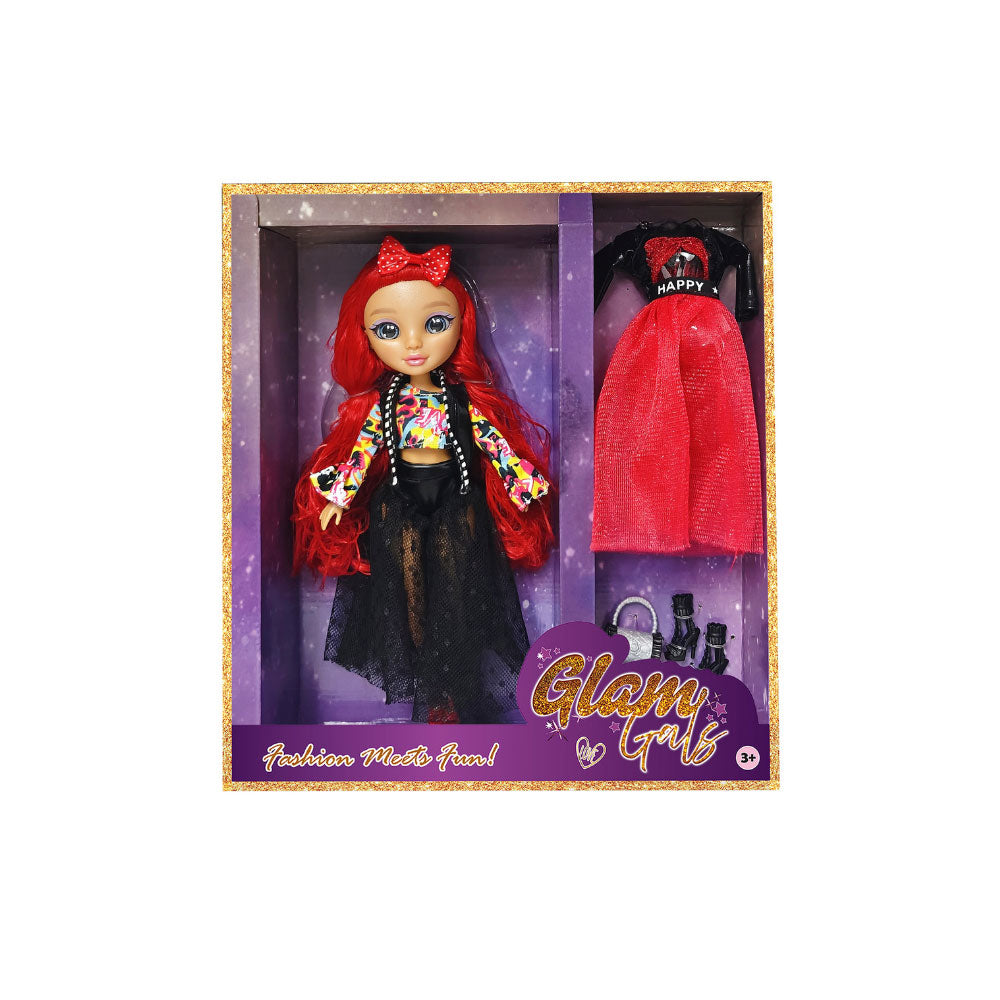 FASHION DOLL GLAM GIRLZ W/BLK & RED OUTFIT 9"