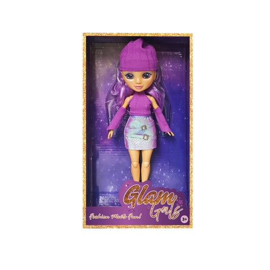 FASHION DOLL PURPLE POSEABLE W/WOOLEN HATGLAM GIRLZ 9"